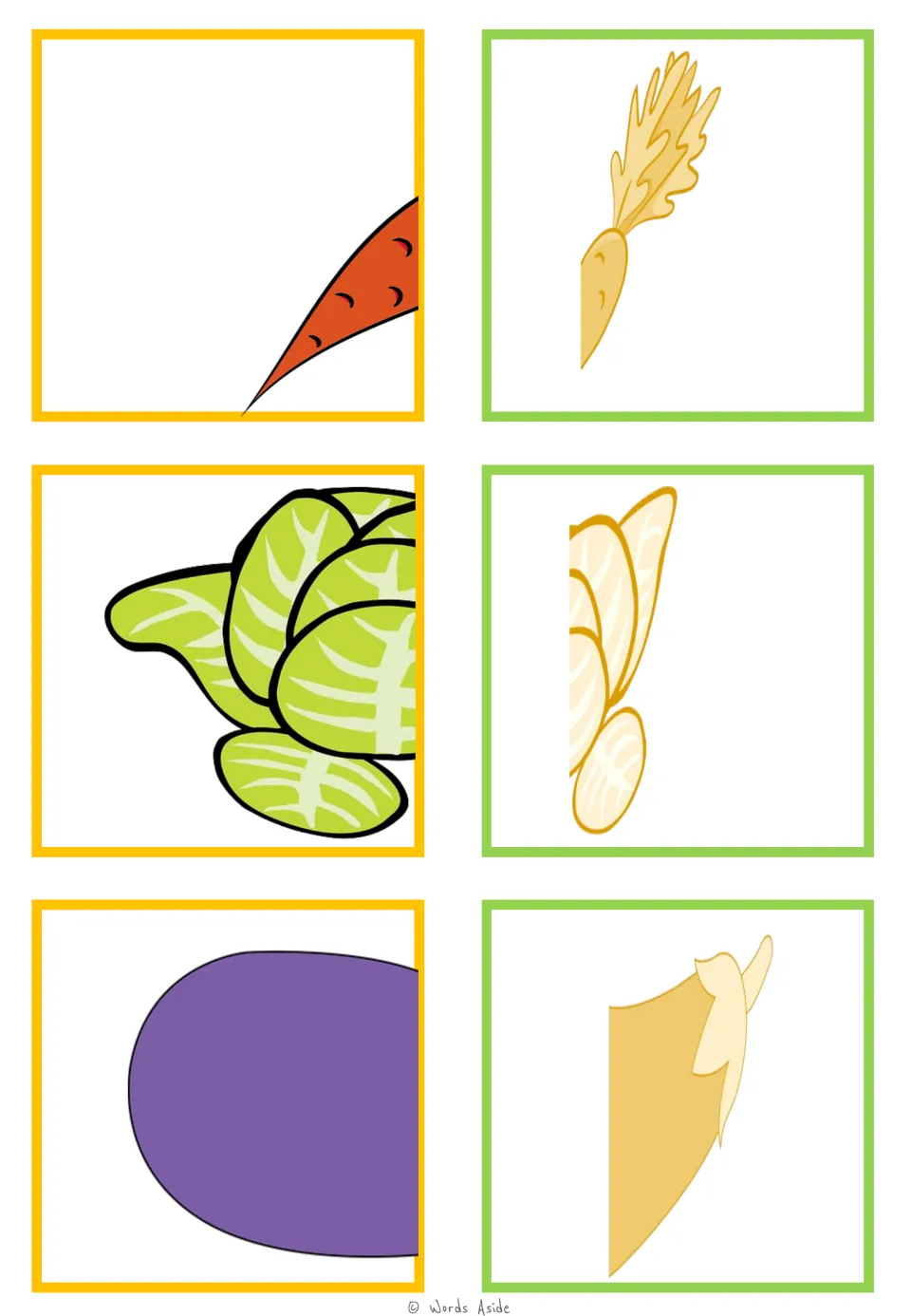 Food-half matching cards 31–36: carrot, leafy greens, and eggplant halves paired in color and pale yellow
