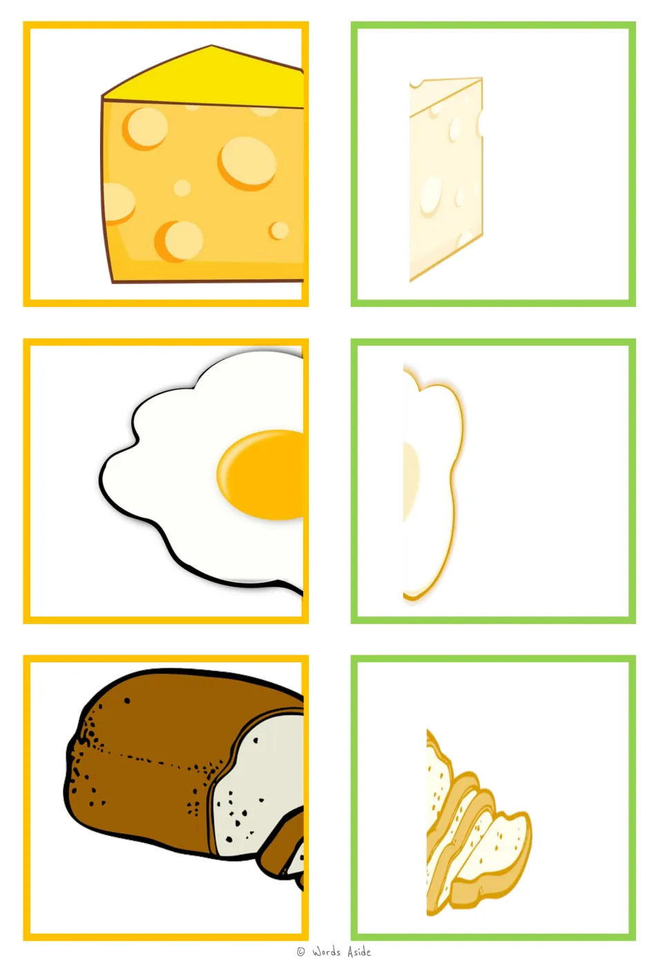 Food-half matching cards 37–42: cheese, fried egg, and bread halves paired in color and pale yellow