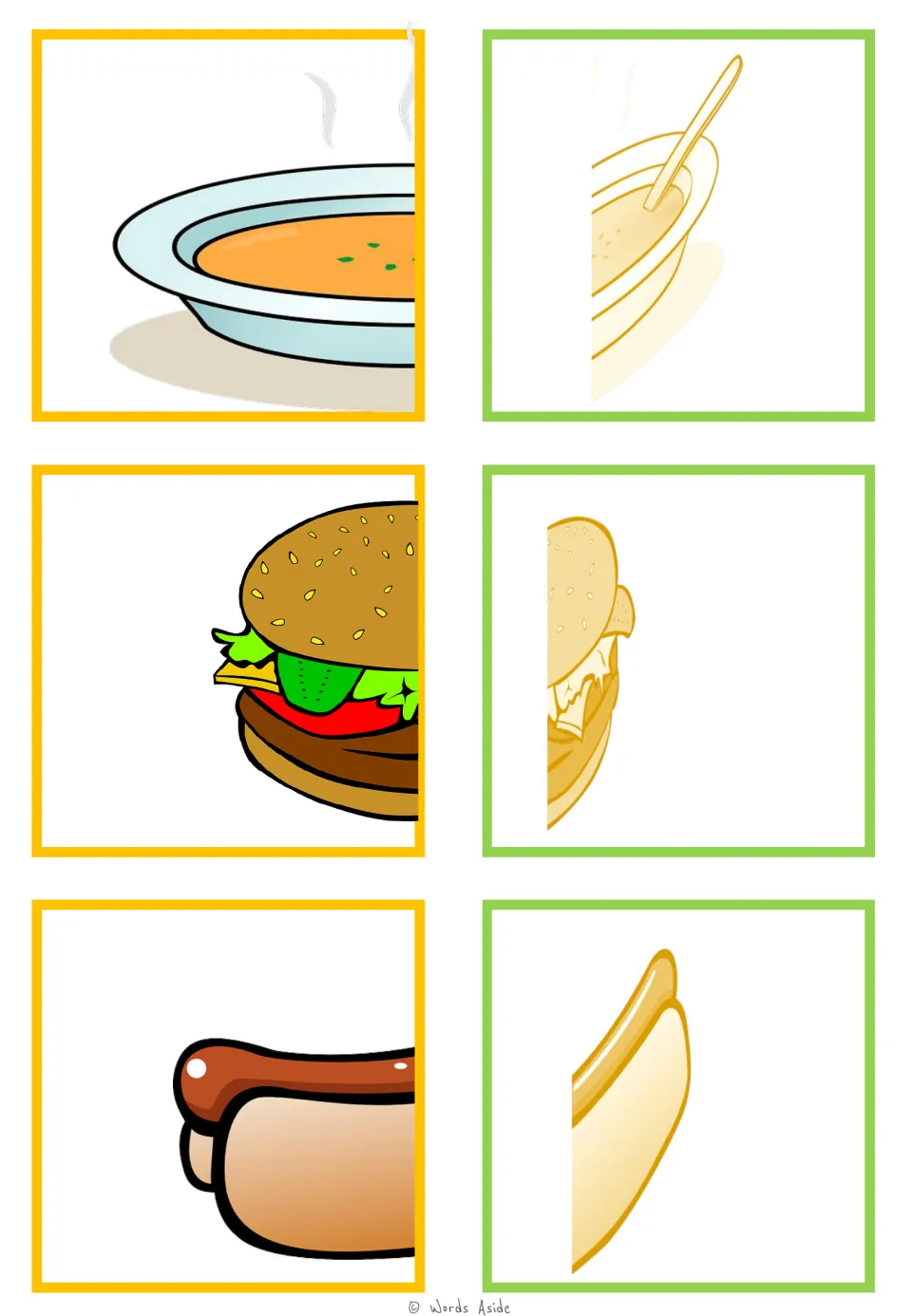Food-half matching cards 43–48: soup, hamburger, and hot dog halves paired in color and pale yellow