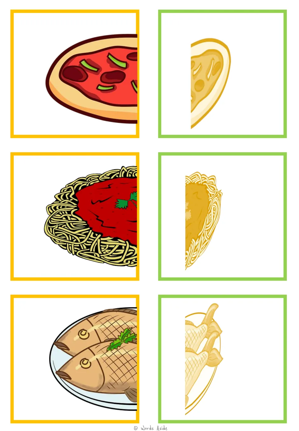 Food-half matching cards 49–54: pizza, spaghetti, and cooked fish halves paired in color and pale yellow