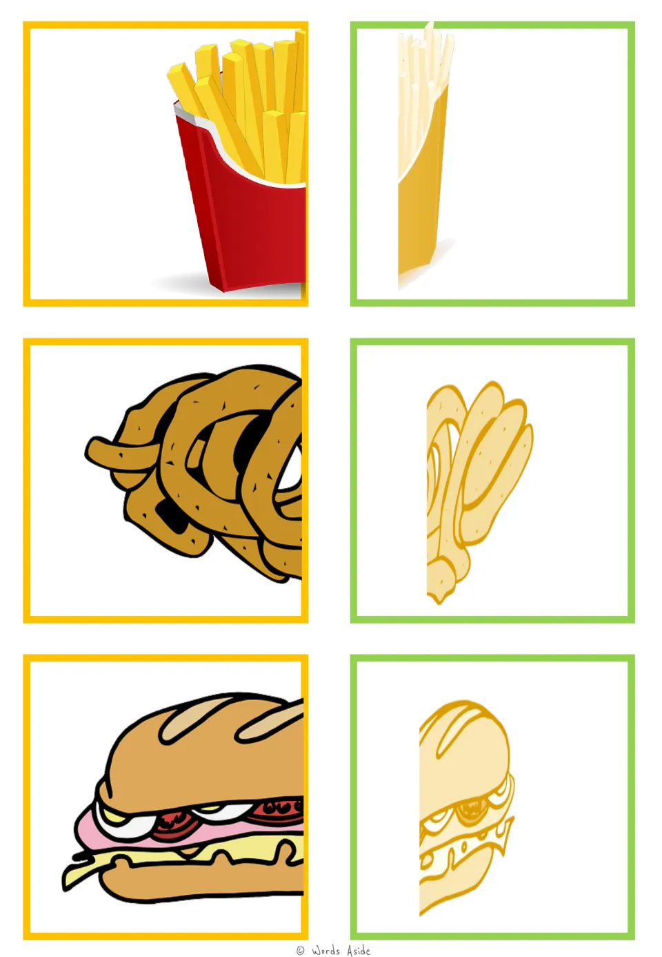Food-half matching cards 55–60: fries, onion rings, and sandwich halves paired in color and pale yellow