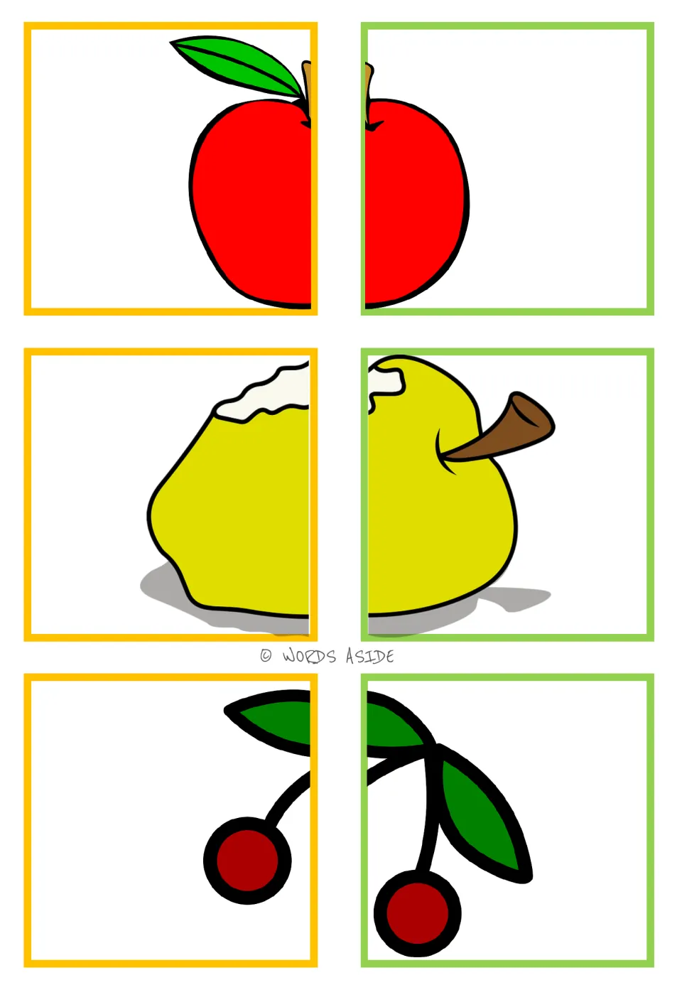 Food-halves matching cards 1–6: six color picture halves forming a red apple, a bitten apple, and cherries.