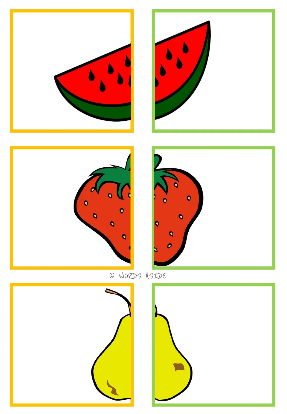 Food-halves matching cards 7–12: six color picture halves forming a watermelon slice, strawberry, and pear.