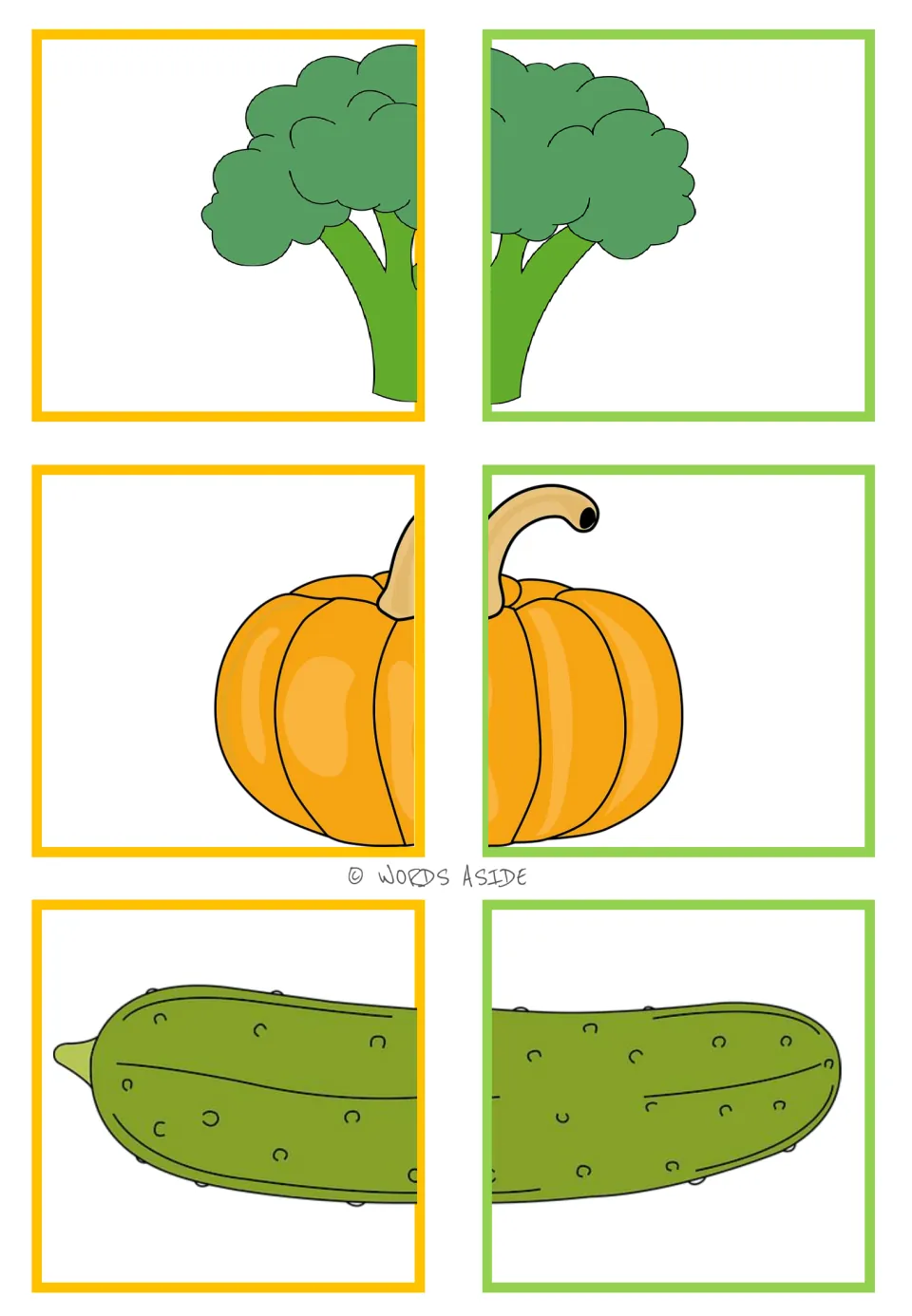 Food-halves matching cards 19–24: six color picture halves forming broccoli, a pumpkin, and a cucumber.