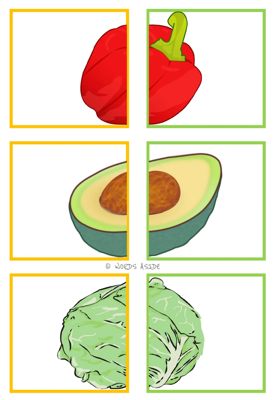Food-halves matching cards 25–30: six color picture halves forming a red bell pepper, avocado, and lettuce.