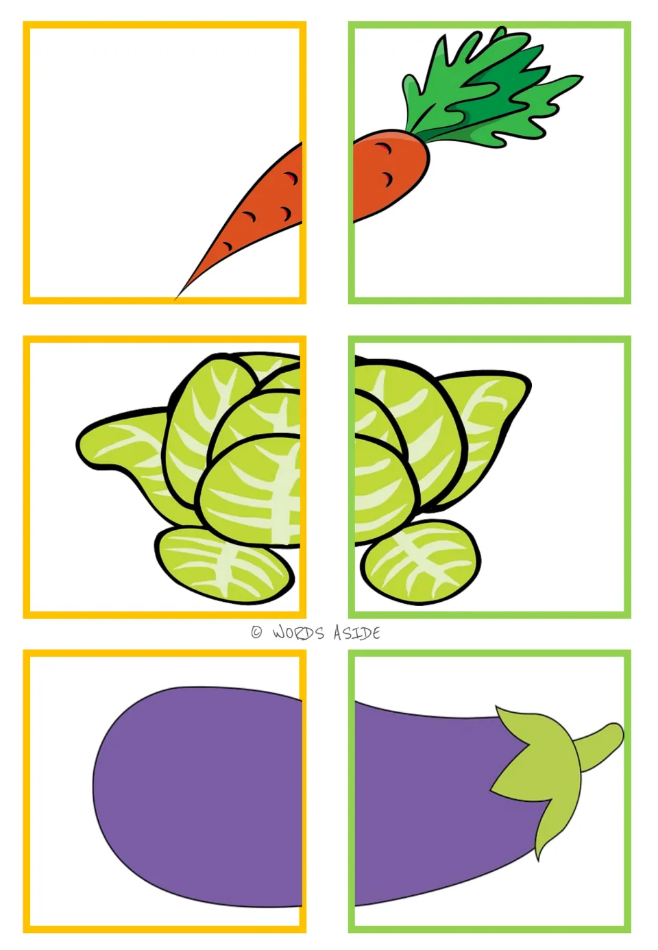 Food-halves matching cards 31–36: six color picture halves forming a carrot, Brussels sprouts, and eggplant.