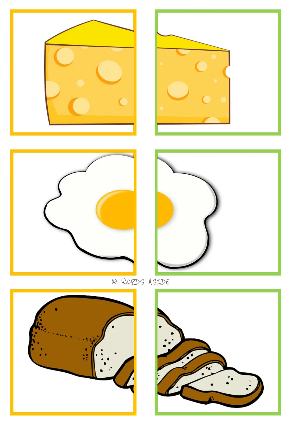 Food-halves matching cards 37–42: six color picture halves forming cheese, a fried egg, and sliced bread.