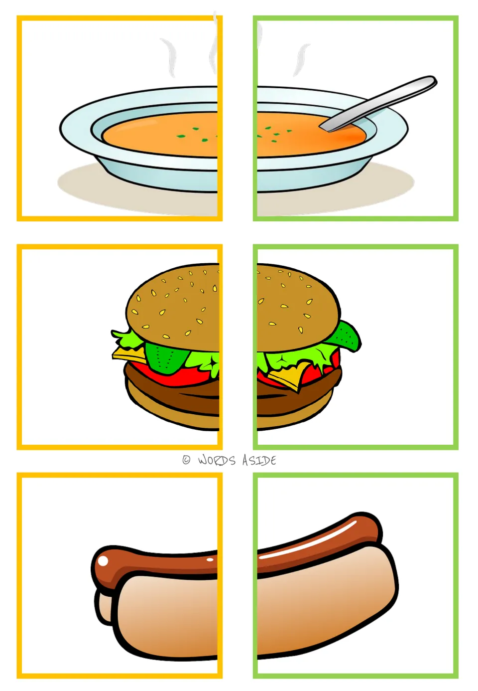 Food-halves matching cards 43–48: six color picture halves forming a bowl of soup, hamburger, and hot dog.