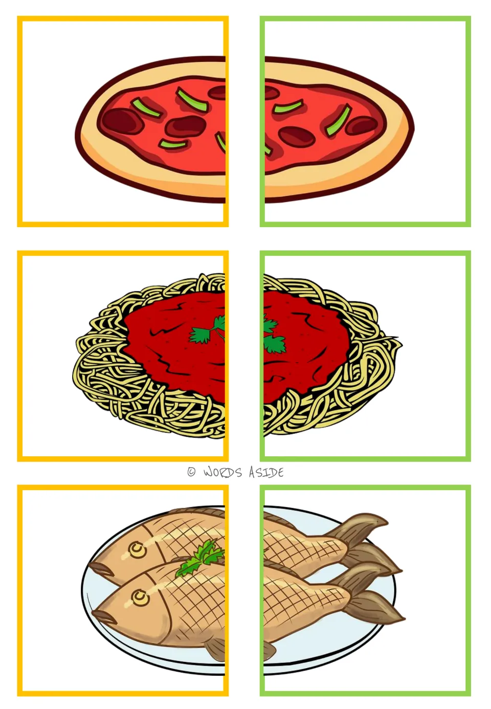 Food-halves matching cards 49–54: six color picture halves forming pizza, spaghetti, and a plate of fish.