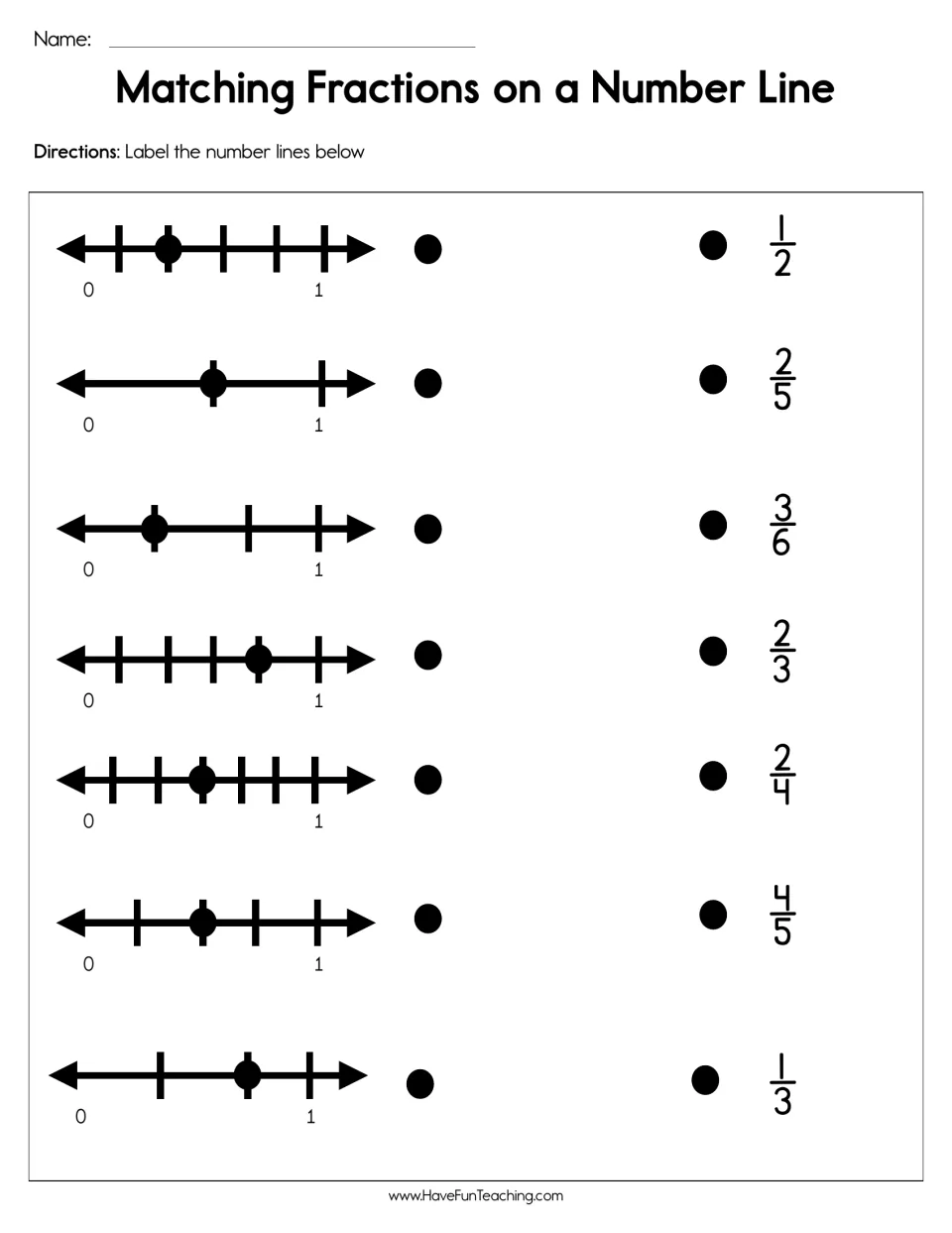Fractions on number lines: students match 7 marked points from 0 to 1 with 1/2, 2/5, 3/6, 2/3, 2/4, 4/5 and 1/3