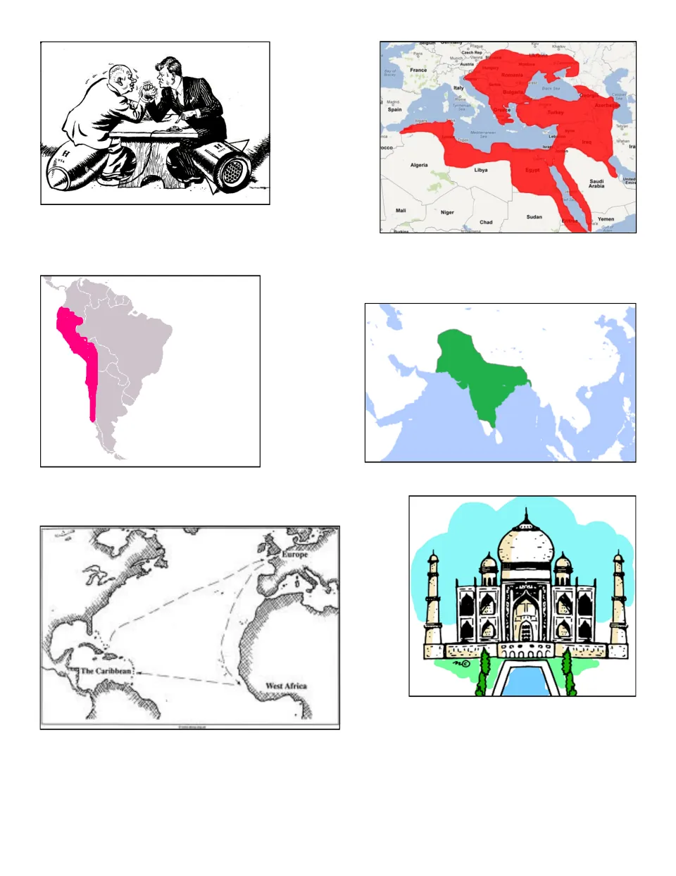 World history picture cards: arms-race cartoon, Ottoman, Inca and Mughal empire maps, triangular trade route, Taj Mahal