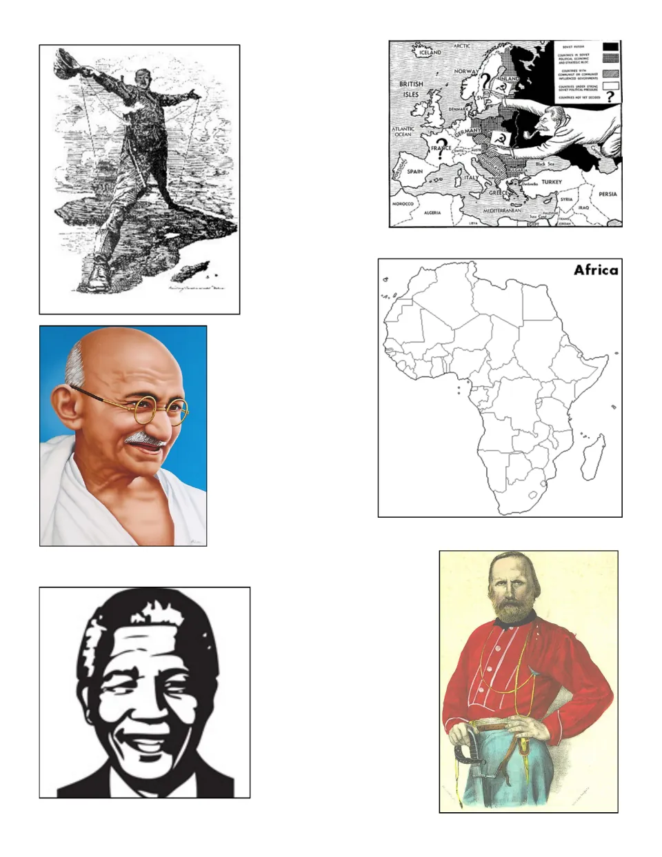 Cards to match: imperialism cartoon, Cold War Europe map, Africa outline map, portraits of Gandhi, Mandela, Garibaldi