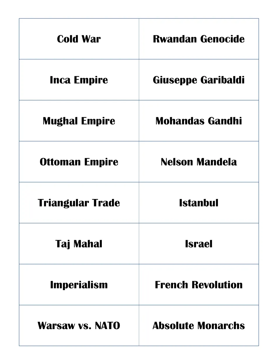 Term cards: students match 16 labels such as Cold War, Inca Empire, Taj Mahal and French Revolution to the picture cards