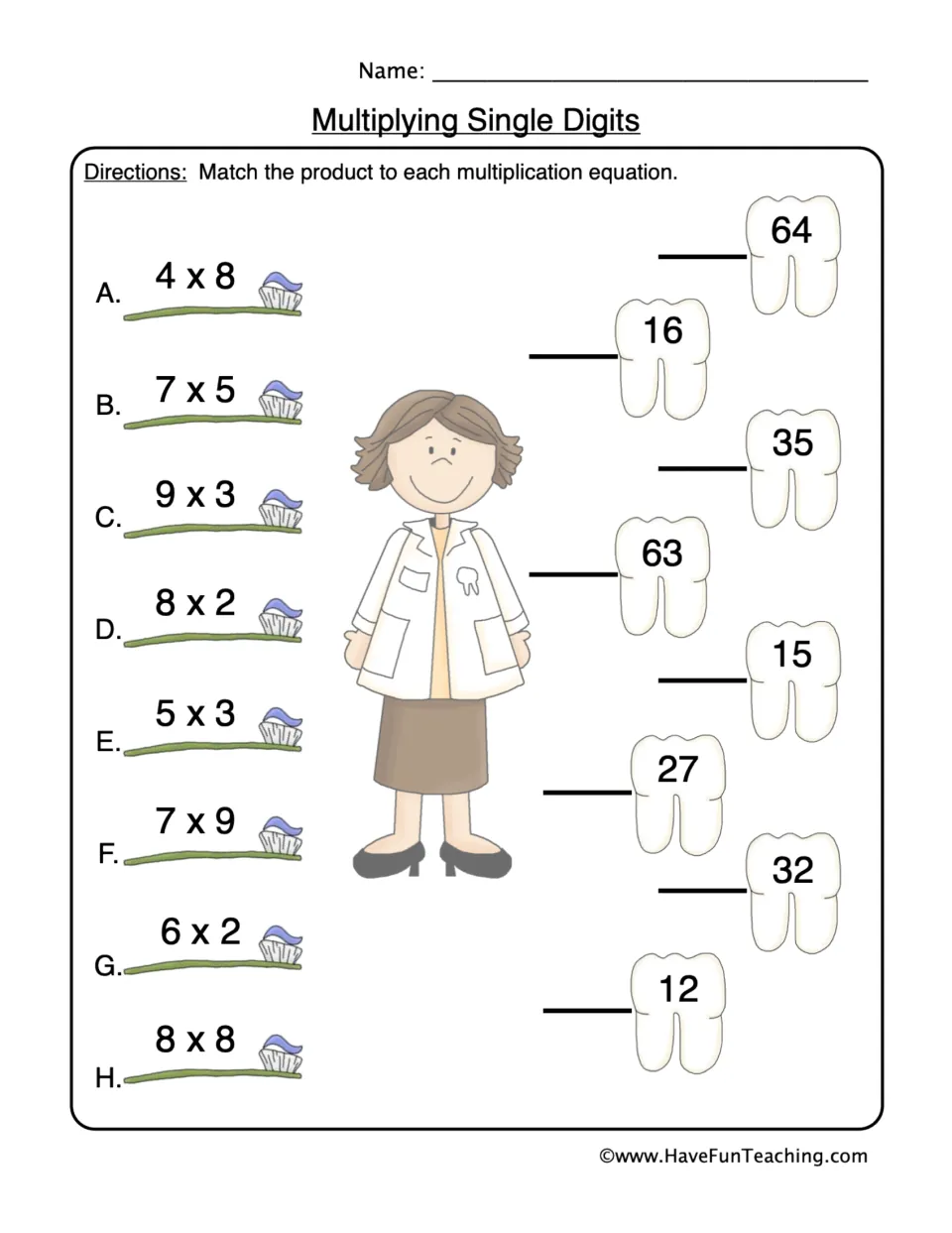 Multiplying single digits: students match 8 equations lettered A to H, such as 7 x 9, to products shown on teeth