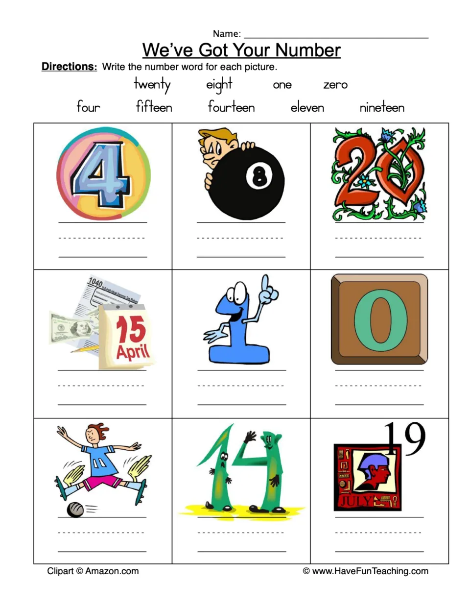 We've Got Your Number: students write the number word under each of 9 pictured numerals from 0 to 20, using a word bank