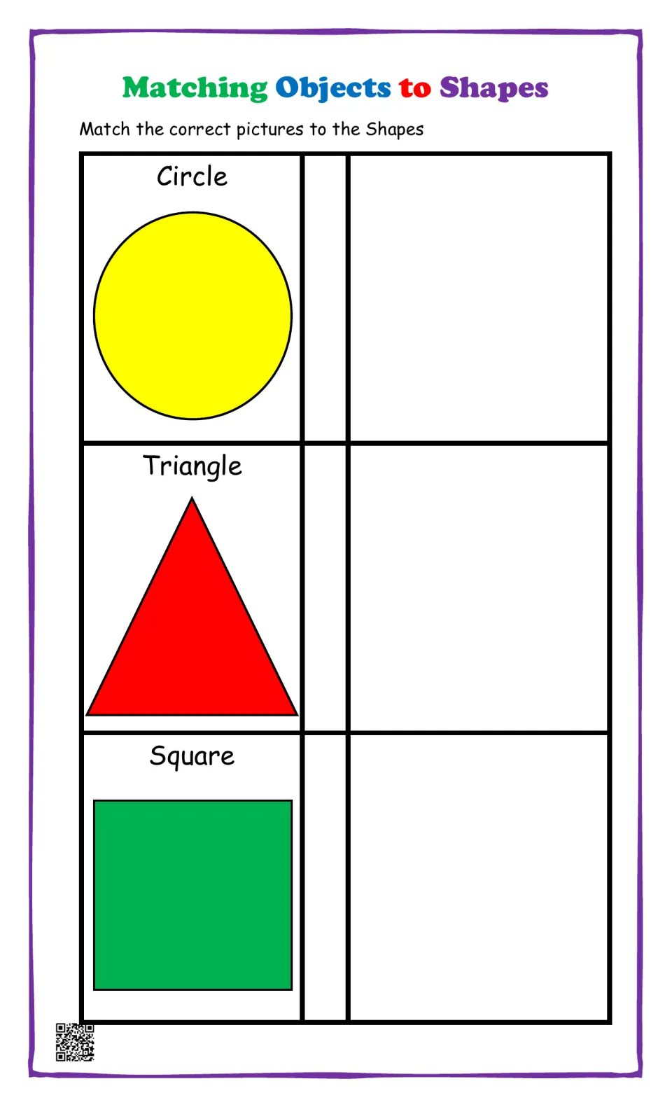 Shape matching: students glue a picture of a real object beside the labeled circle, triangle and square to identify shapes