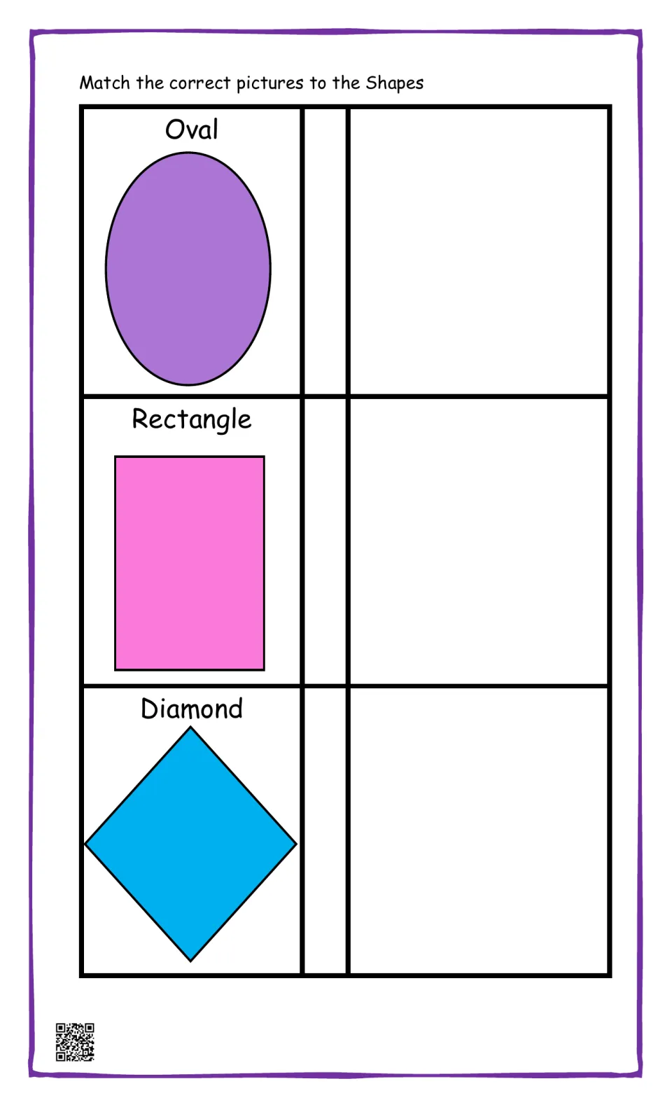 Oval, rectangle and diamond shape matching: students place an everyday object picture next to each labeled colored shape