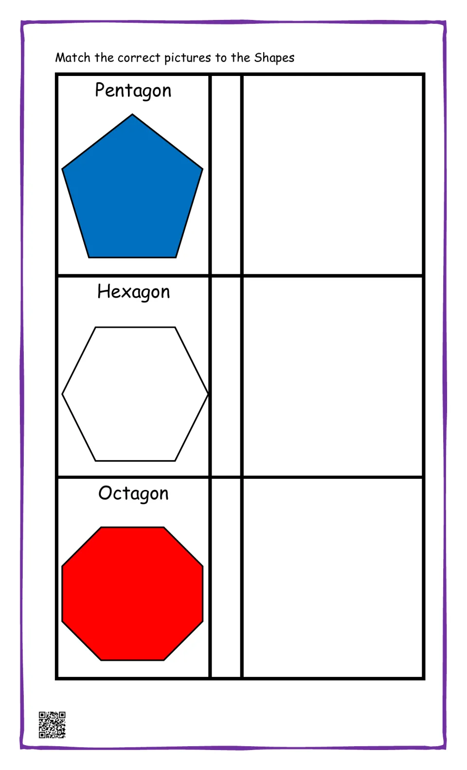 Polygon matching: students match a real-world object picture to the labeled pentagon, hexagon and octagon shapes