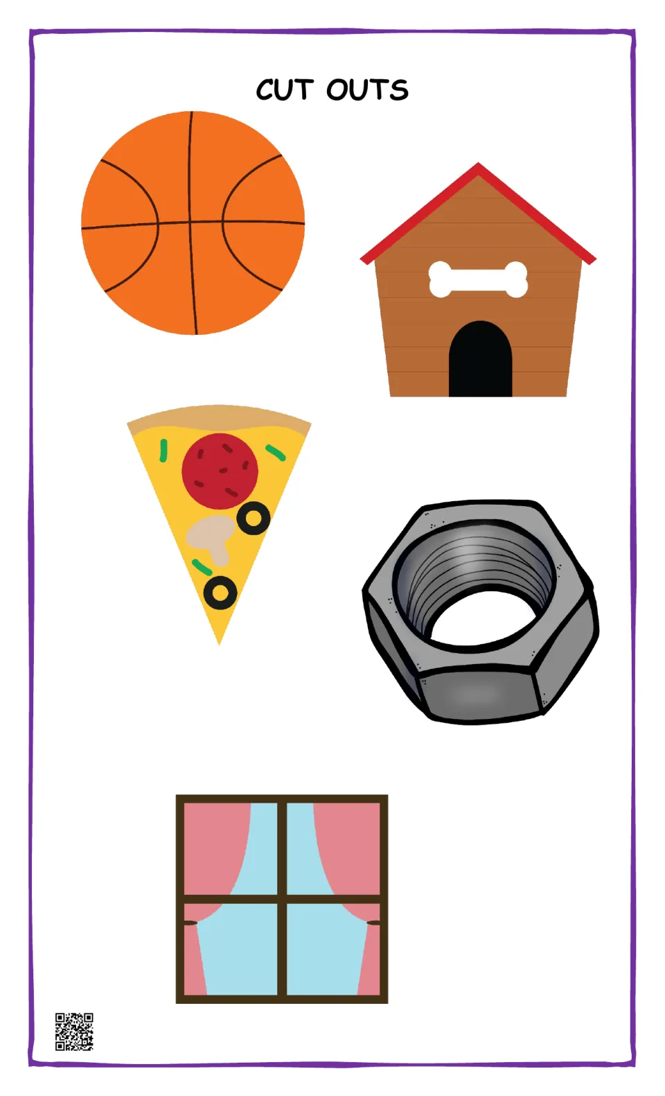 Cut outs: basketball, doghouse, pizza slice, hex nut and window pictures for students to cut and match to a shape