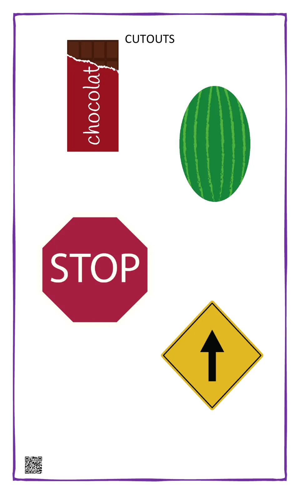 More object cutouts: chocolate bar, watermelon, stop sign and yellow diamond road sign to cut out and match to shapes