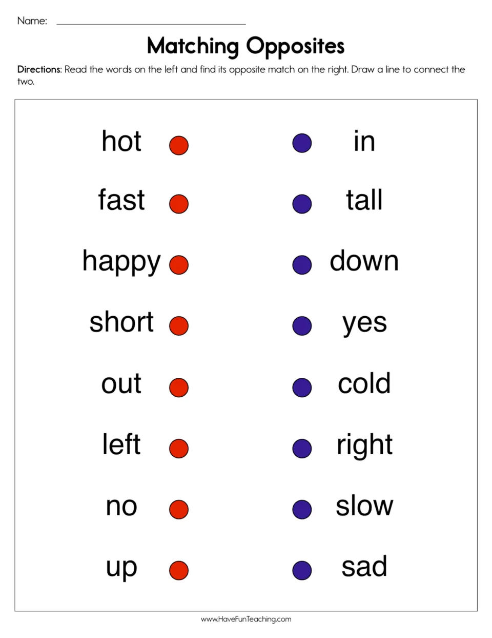 Opposites matching: students draw lines to pair 8 words like hot, fast, happy and up with antonyms such as cold and slow