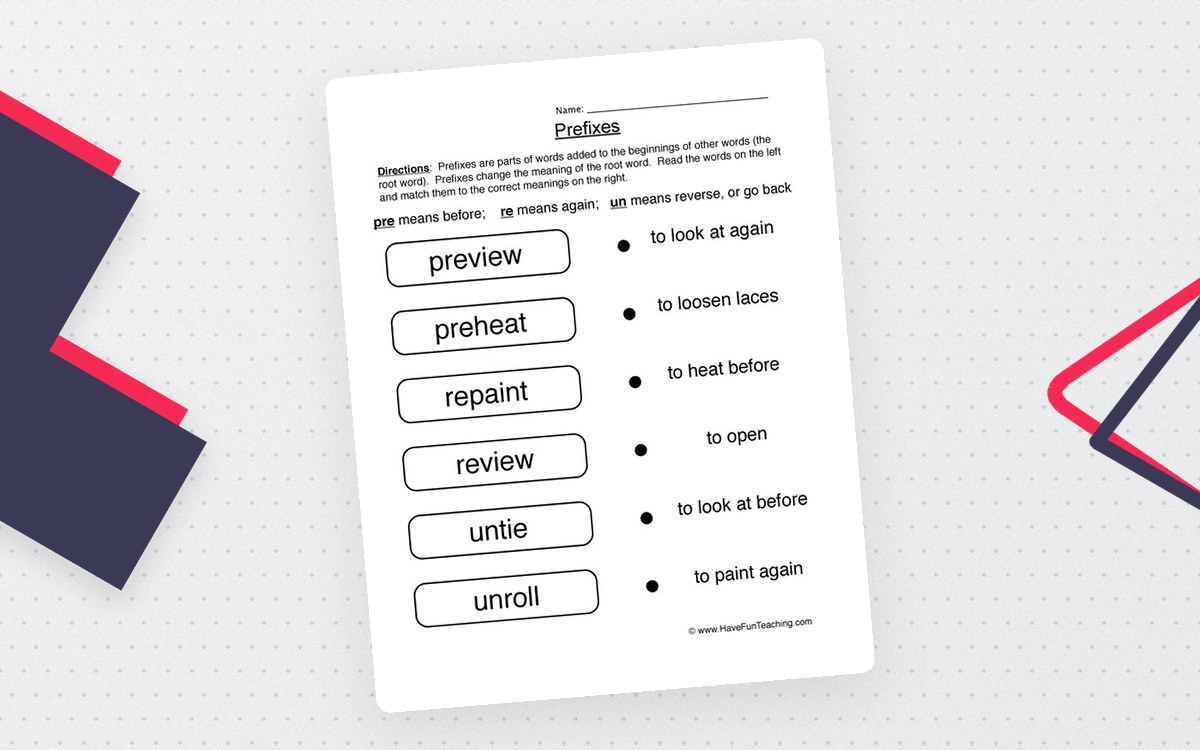 Matching Prefixes Worksheet – Grade 1 Vocabulary preview: Definitions for PRE-, RE-, and UN-