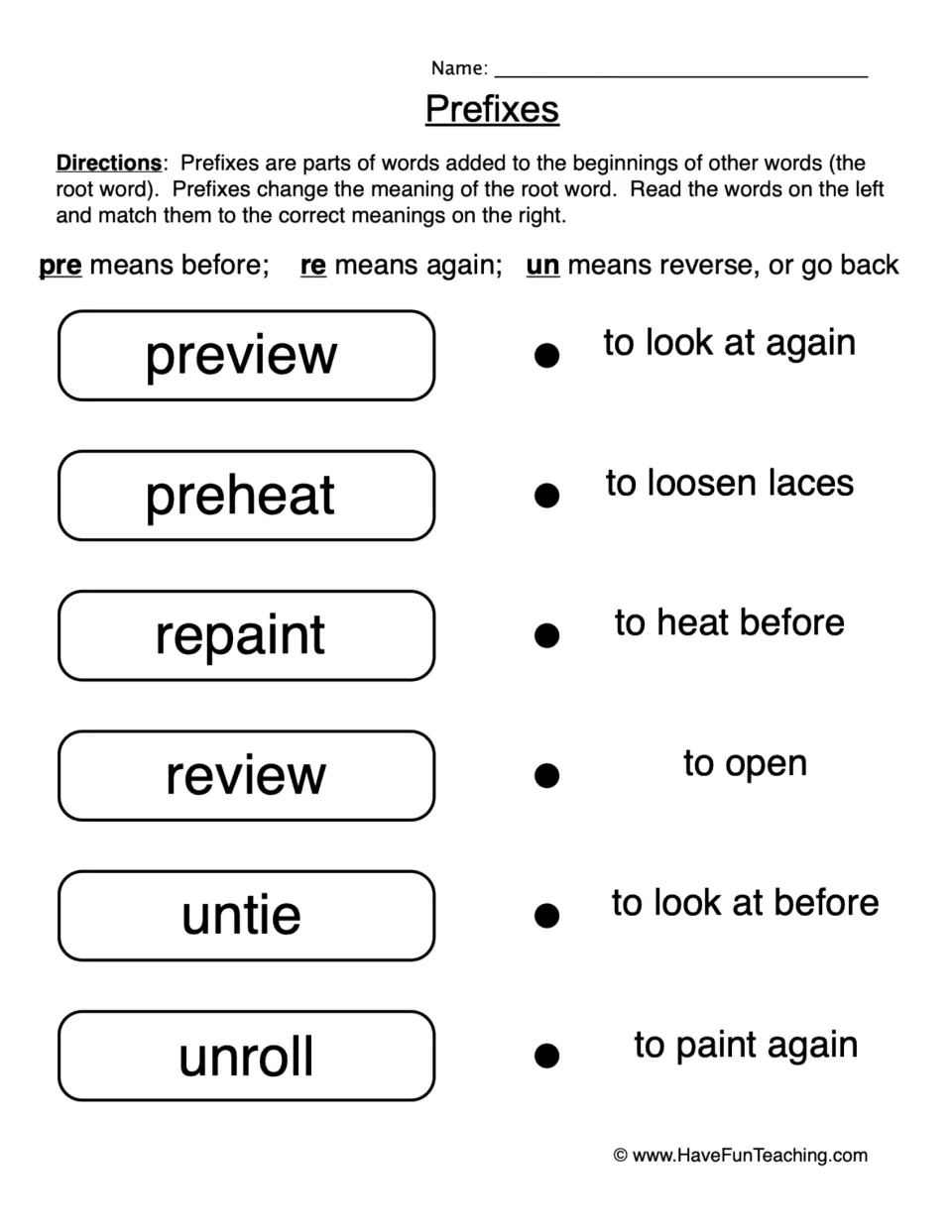 Prefixes pre, re and un: students match six words like preview, preheat, repaint and unroll to their correct meanings