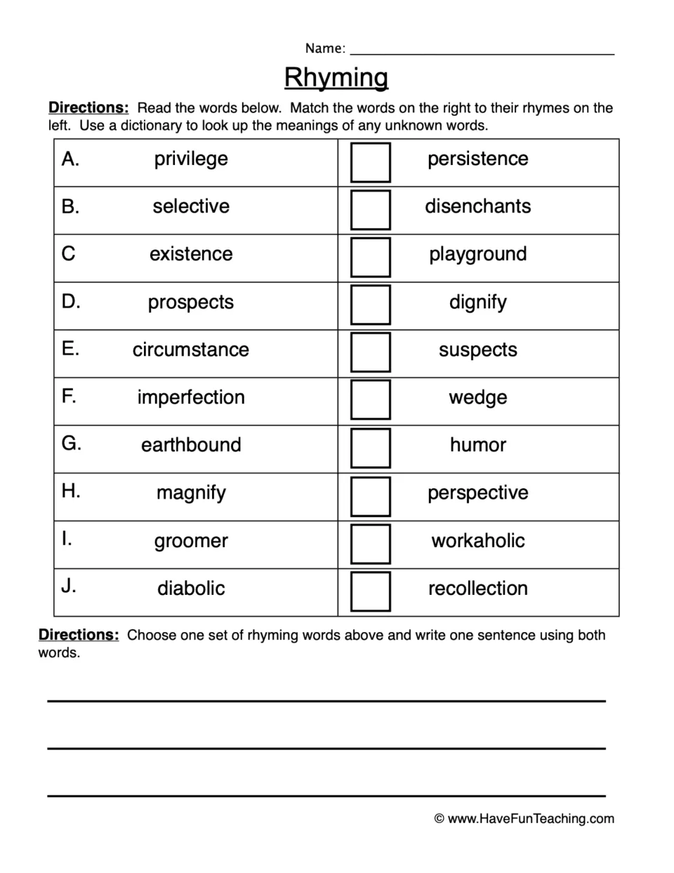 Rhyming practice: match 10 word pairs, including existence and persistence, then use one pair in a sentence.