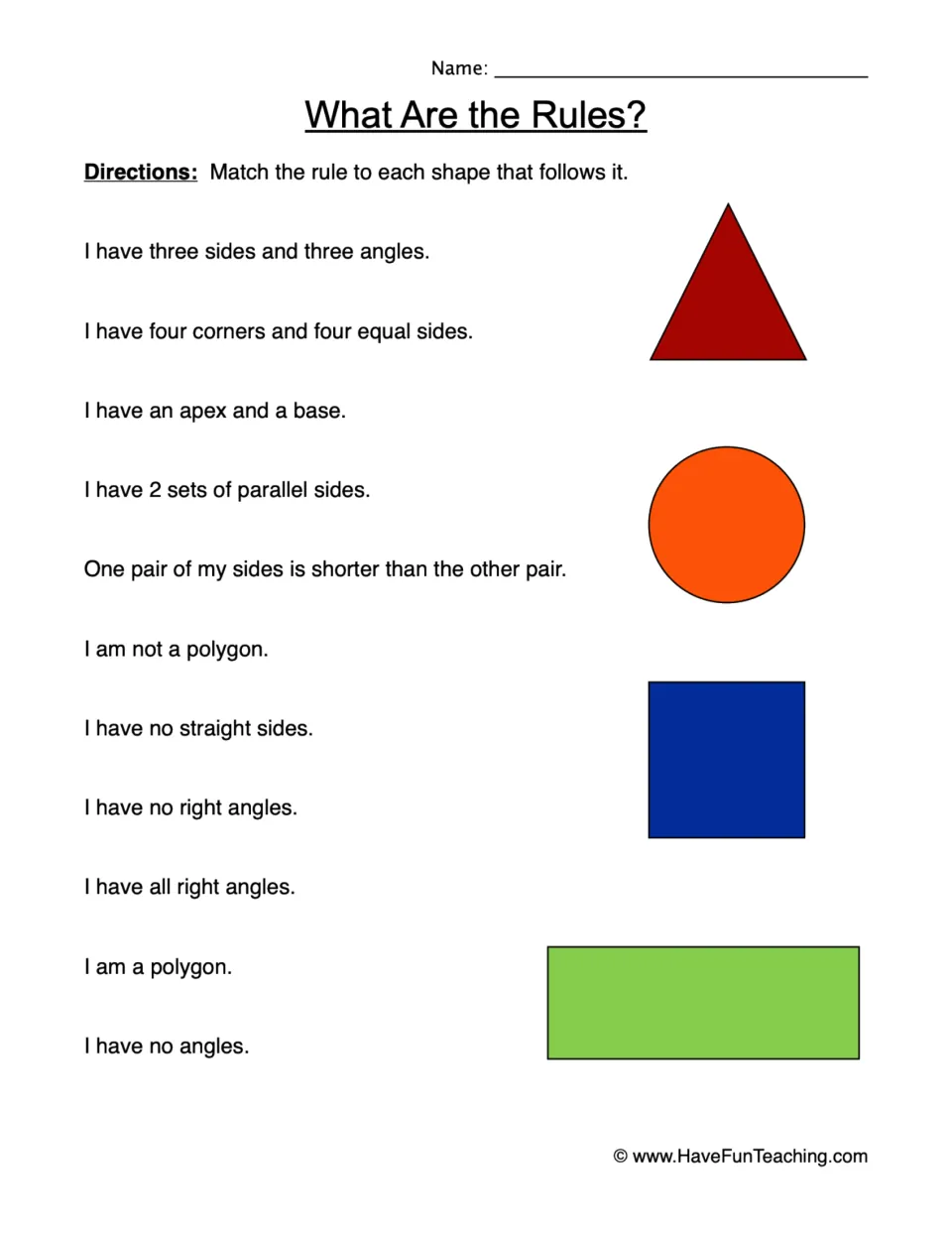 What Are the Rules? Students match 11 attribute rules about sides and angles to a triangle, circle, square and rectangle