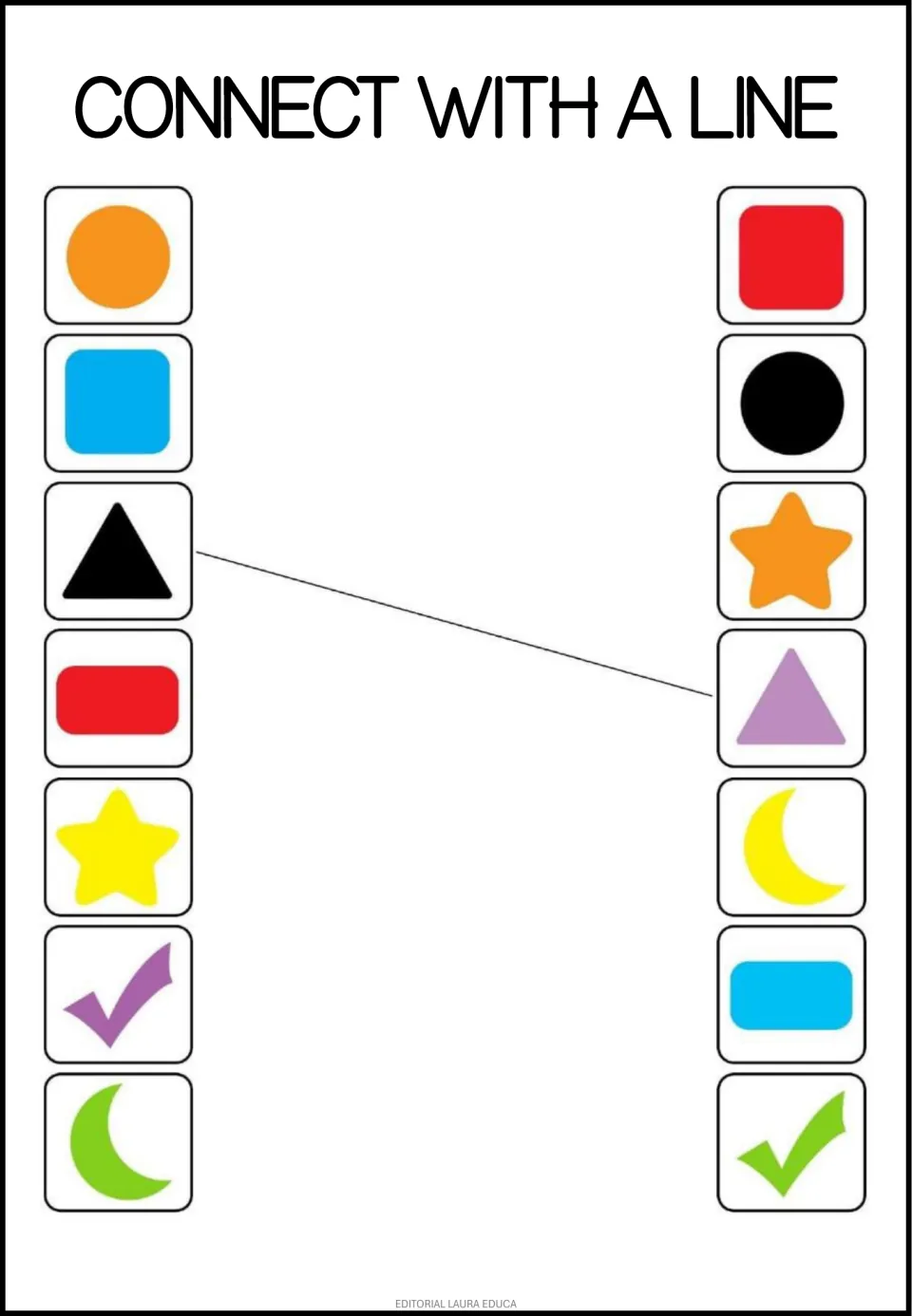Connect with a line: students match 7 shapes in mixed colors, from circle to crescent moon, to the same shape in a new color
