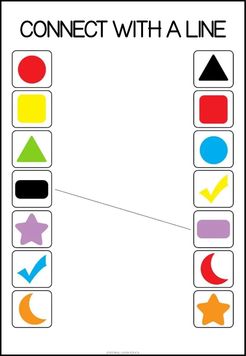 Shape matching by line: students pair a red circle, yellow square, green triangle and more with same shapes in other colors