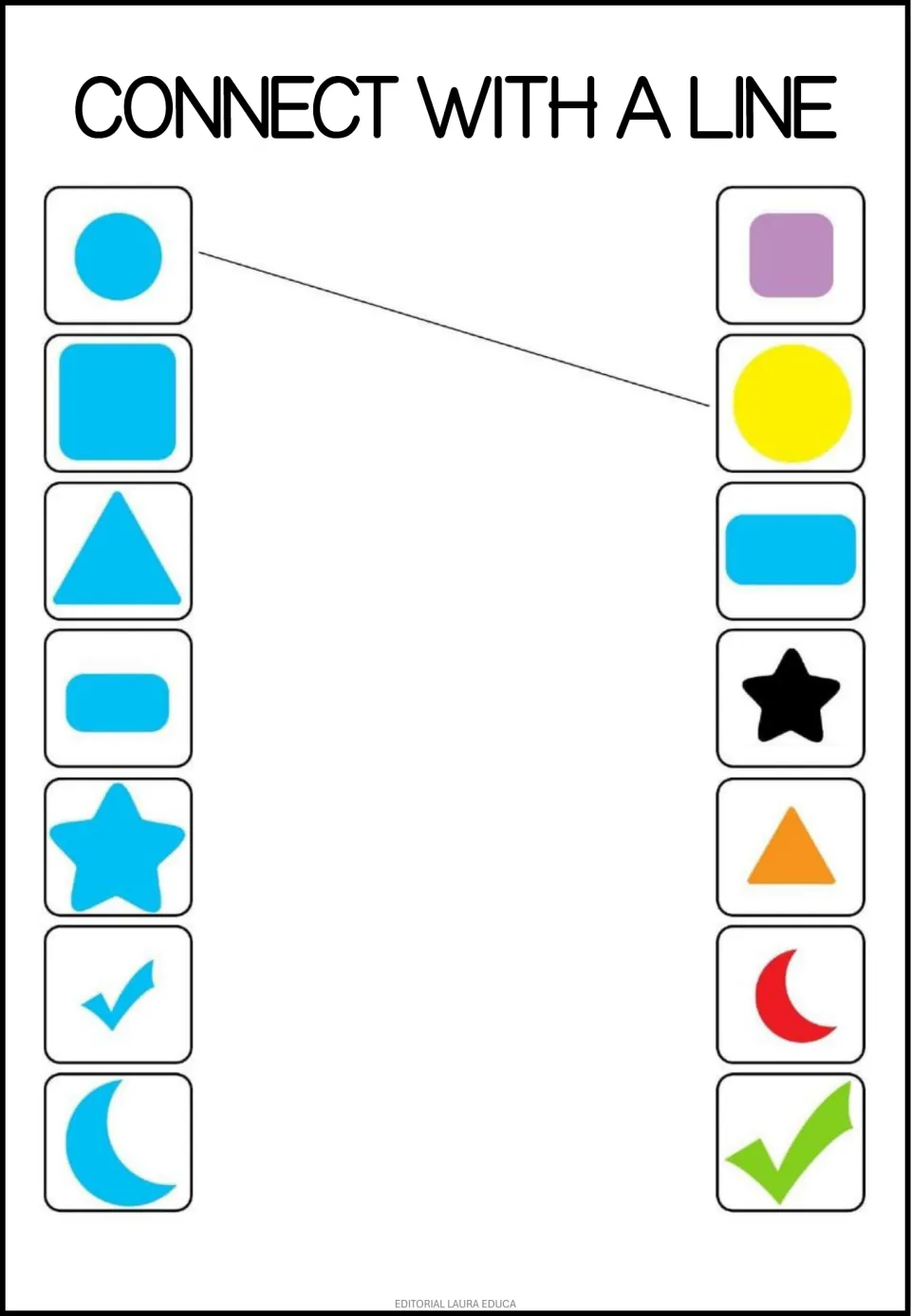 All-blue shape match: students connect 7 blue shapes to multicolored partners, such as the blue circle to the yellow circle