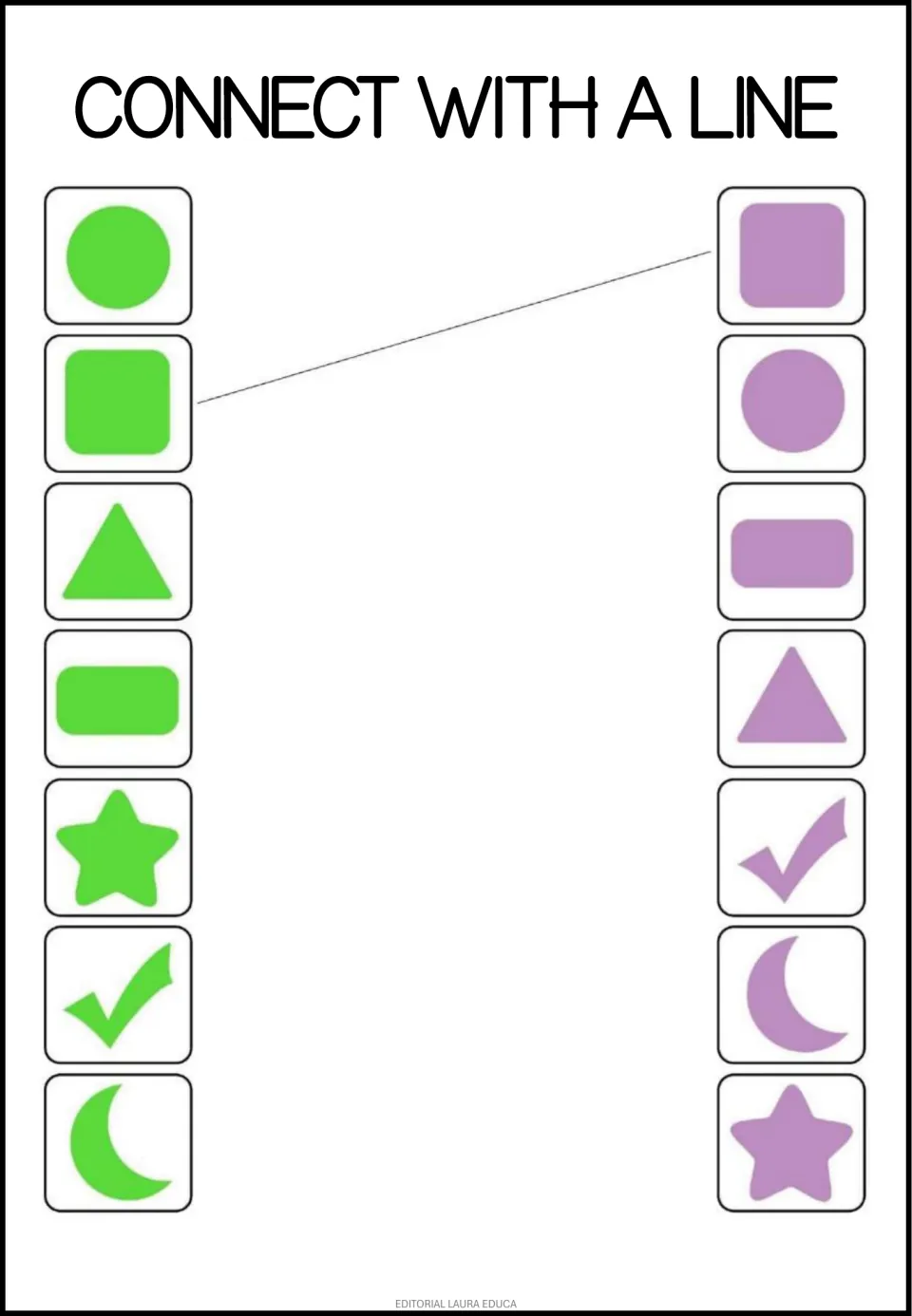 Green-to-purple shape match: students draw lines from 7 green shapes, including star and check mark, to purple twins