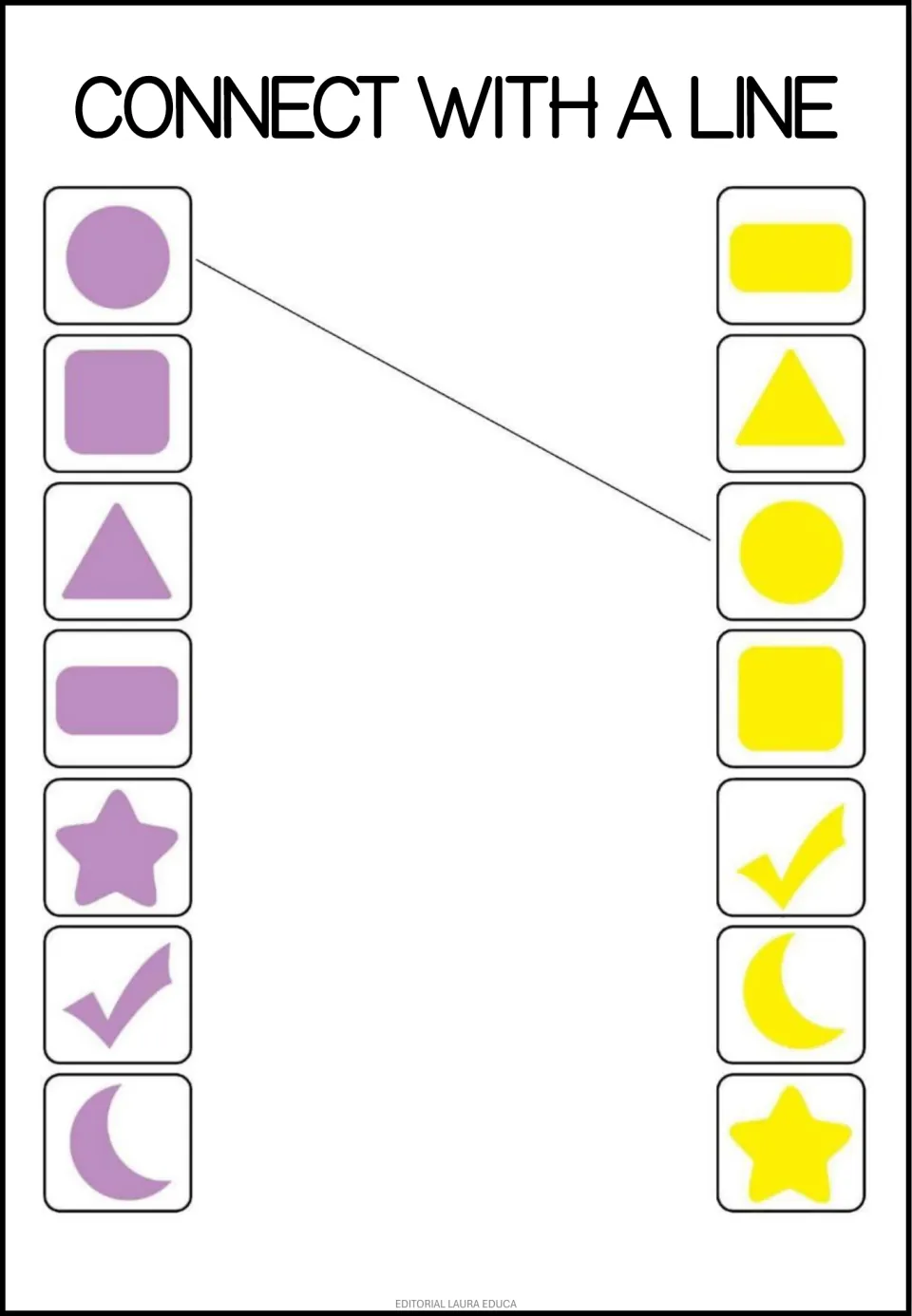 Purple-to-yellow shape match: students link 7 purple shapes to yellow ones; the circle pair is already joined as an example