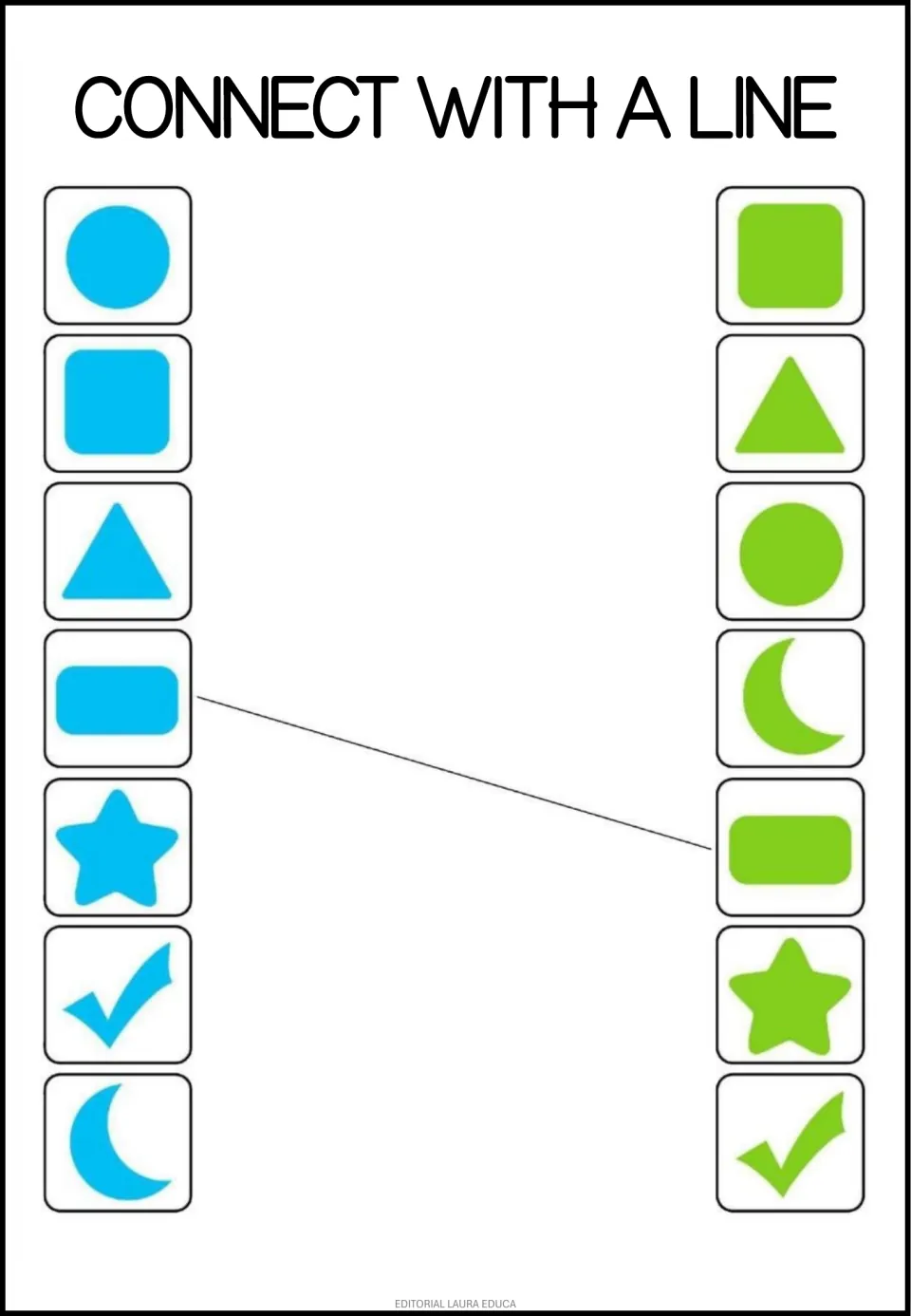 Blue-to-green shape match: students connect 7 blue shapes to green copies in a new order, with the rectangle pair given