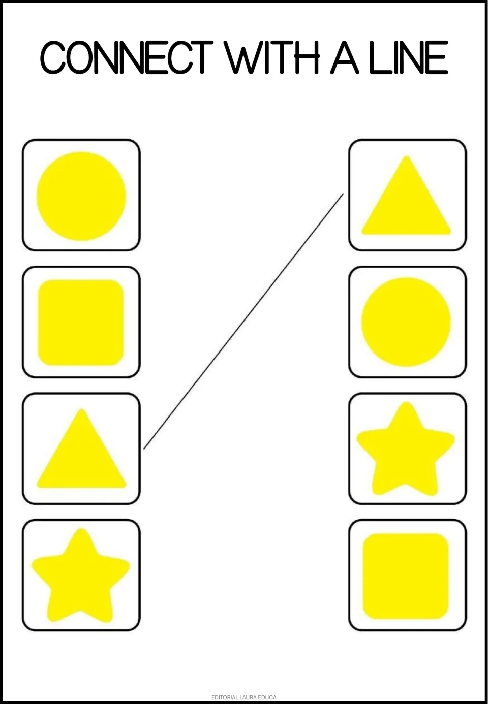 Yellow shape match with 4 pairs: students join circle, square, triangle and star to their twins; triangle shown