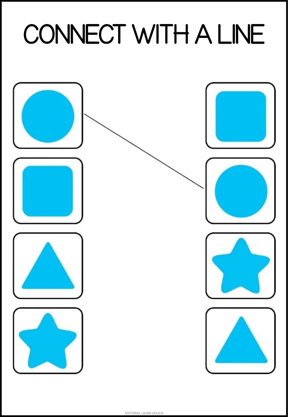 Blue shape match with 4 pairs: students draw lines between circle, square, triangle and star and their copies; circle shown