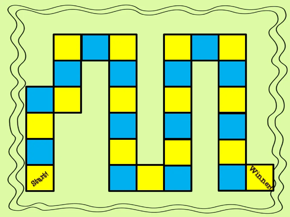 Shape clue game board: a winding path of yellow and blue spaces from Start! to Winner! for moving pieces by points