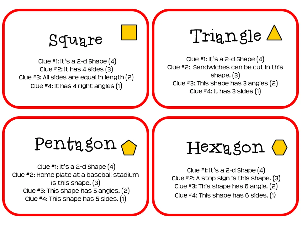 Shape clue cards: square, triangle, pentagon and hexagon, each with four clues on sides, angles and everyday objects