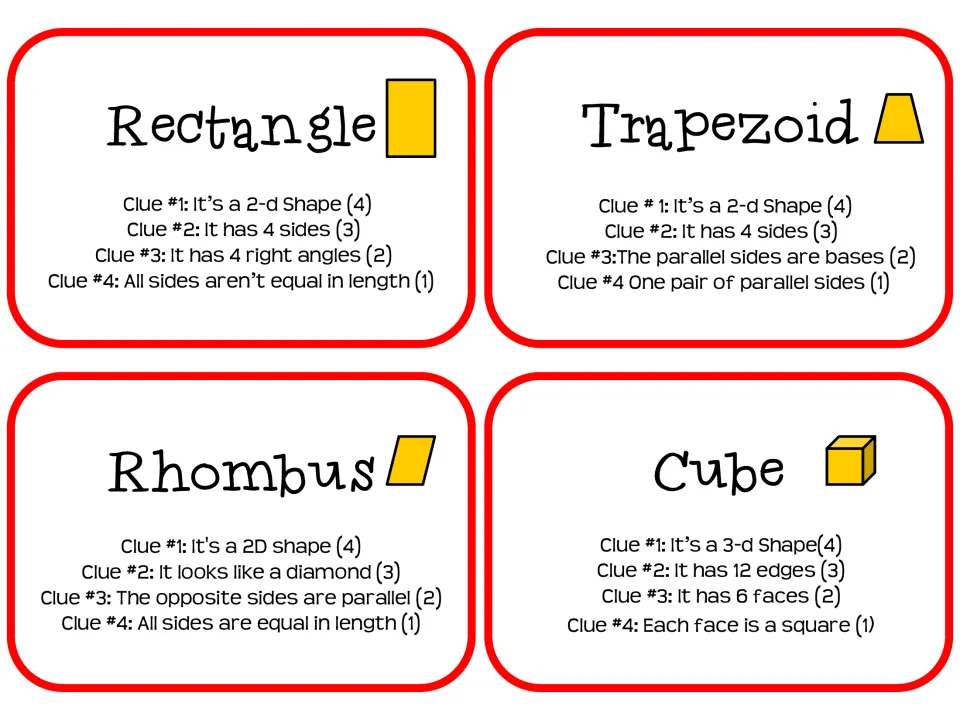 Shape clue cards: rectangle, trapezoid, rhombus and cube, with clues on right angles, parallel sides, faces and edges