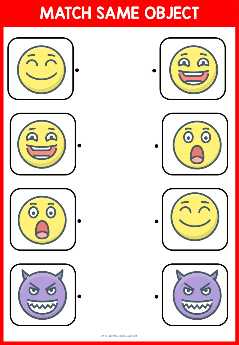 Emoji matching activity 1: four pairs showing a closed-eye smile, laughter, surprise, and a purple devil
