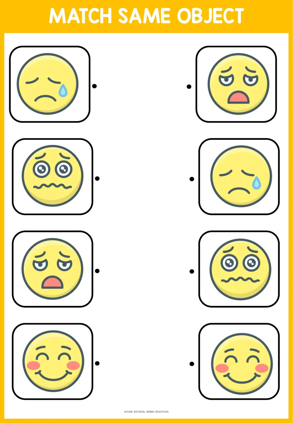 Emoji matching activity 2: four pairs showing a tearful face, a worried face, a weary face, and a rosy smile
