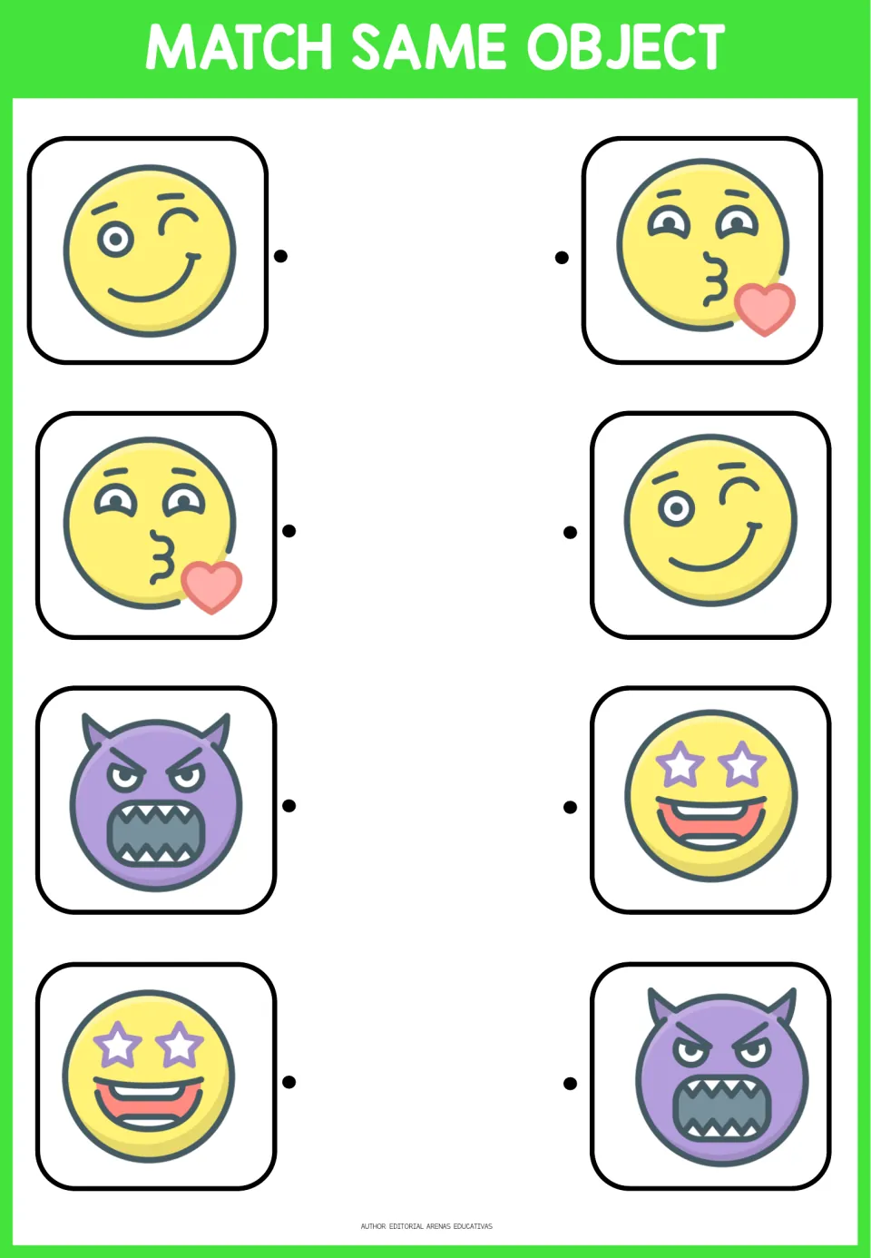 Emoji matching activity 3: four pairs showing a wink, a kiss with a heart, an angry devil, and star eyes