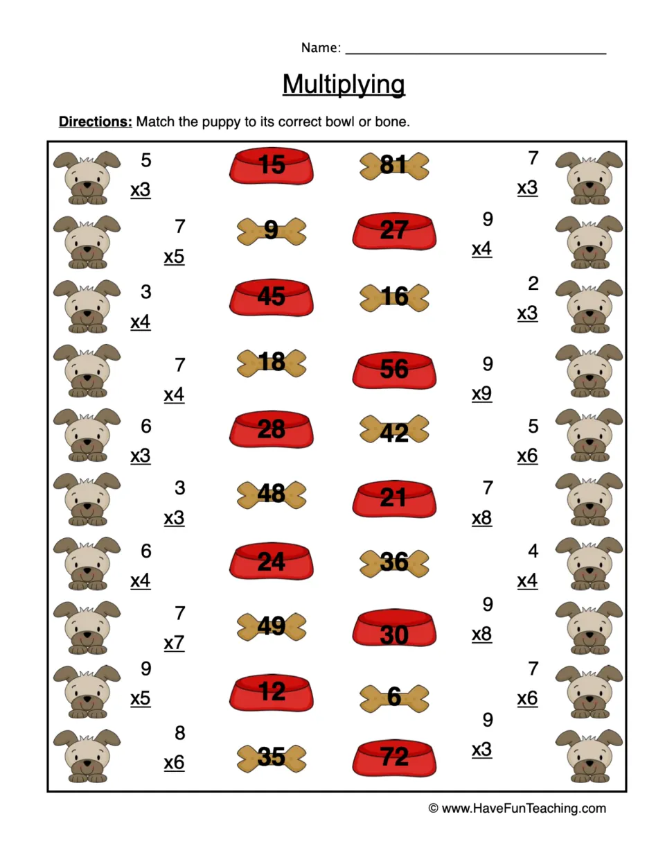 Multiplication practice: match 20 puppy problems, including 5 × 3 and 7 × 5, to numbered bowls or bones.