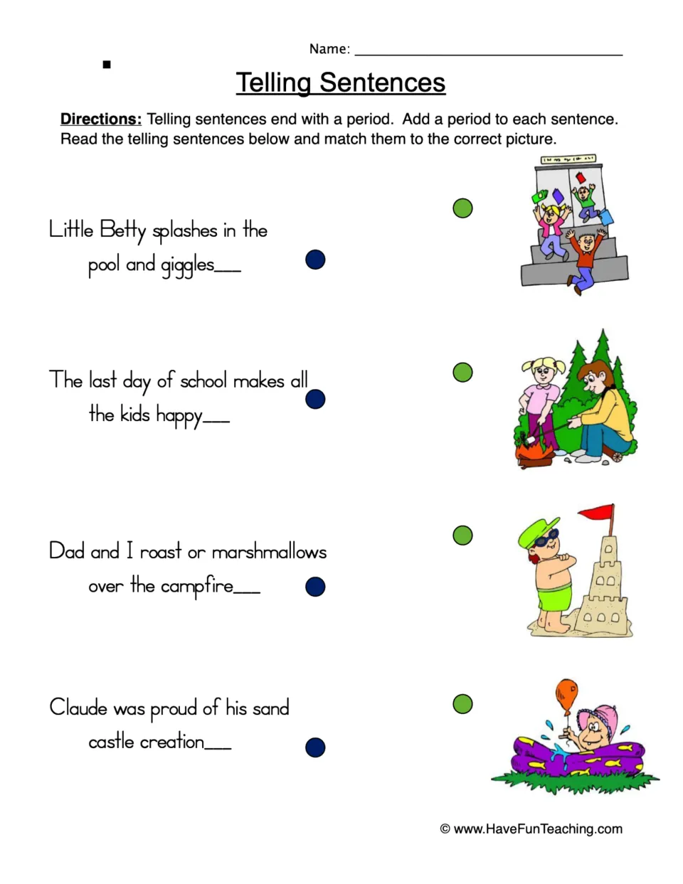 Telling sentence practice: add periods to four sentences about a pool, school, camping, and a sand castle.