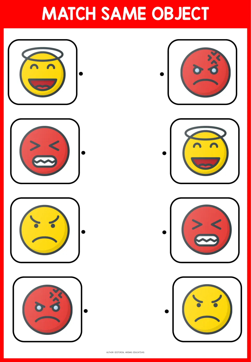 First matching activity: four emoji pairs showing a smiling halo face, clenched teeth, and two angry faces