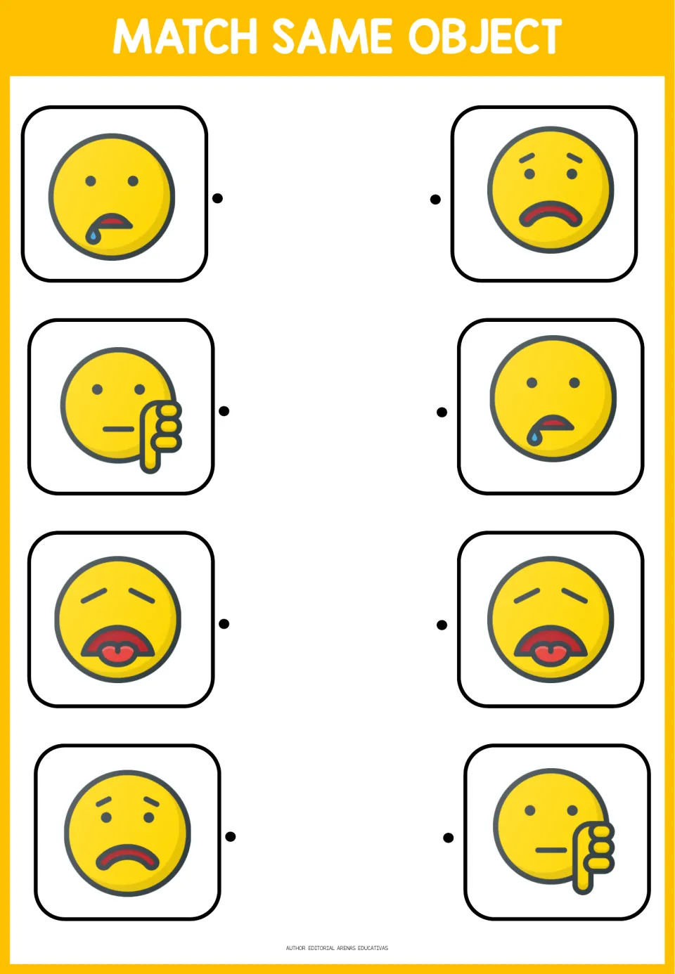 Second matching activity: four emoji pairs showing a drooling face, thumbs-down face, tongue out, and frown