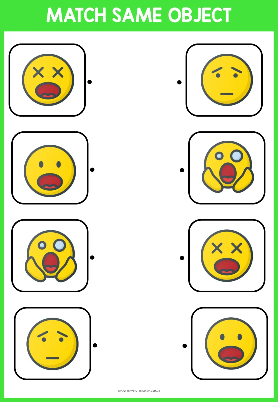 Third matching activity: four emoji pairs showing X eyes, an open mouth, hands on cheeks, and a worried face
