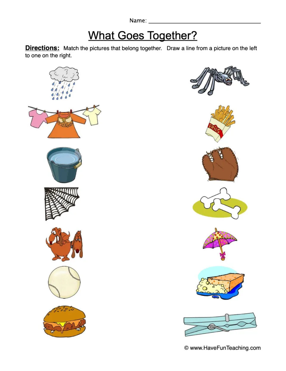 What Goes Together? picture matching: students draw lines to join 7 pairs, such as rain with umbrella and web with spider
