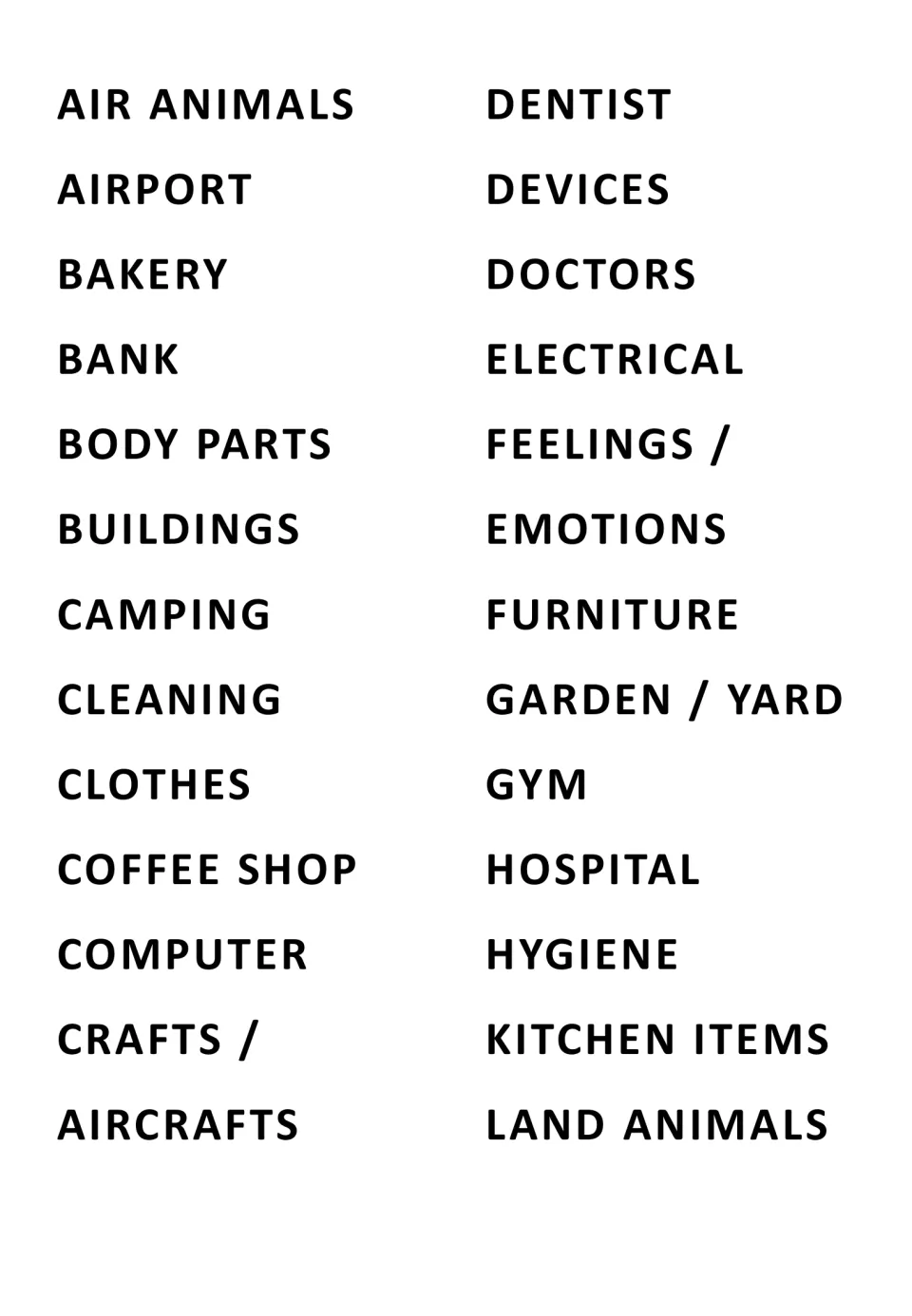 Topic list of 26 vocabulary themes, from Air Animals, Airport and Bakery to Kitchen Items and Land Animals